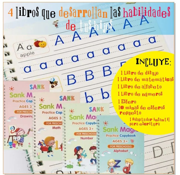 Super Combo de 4 Libros de Caligrafía Reutilizables + Tinta Mágica