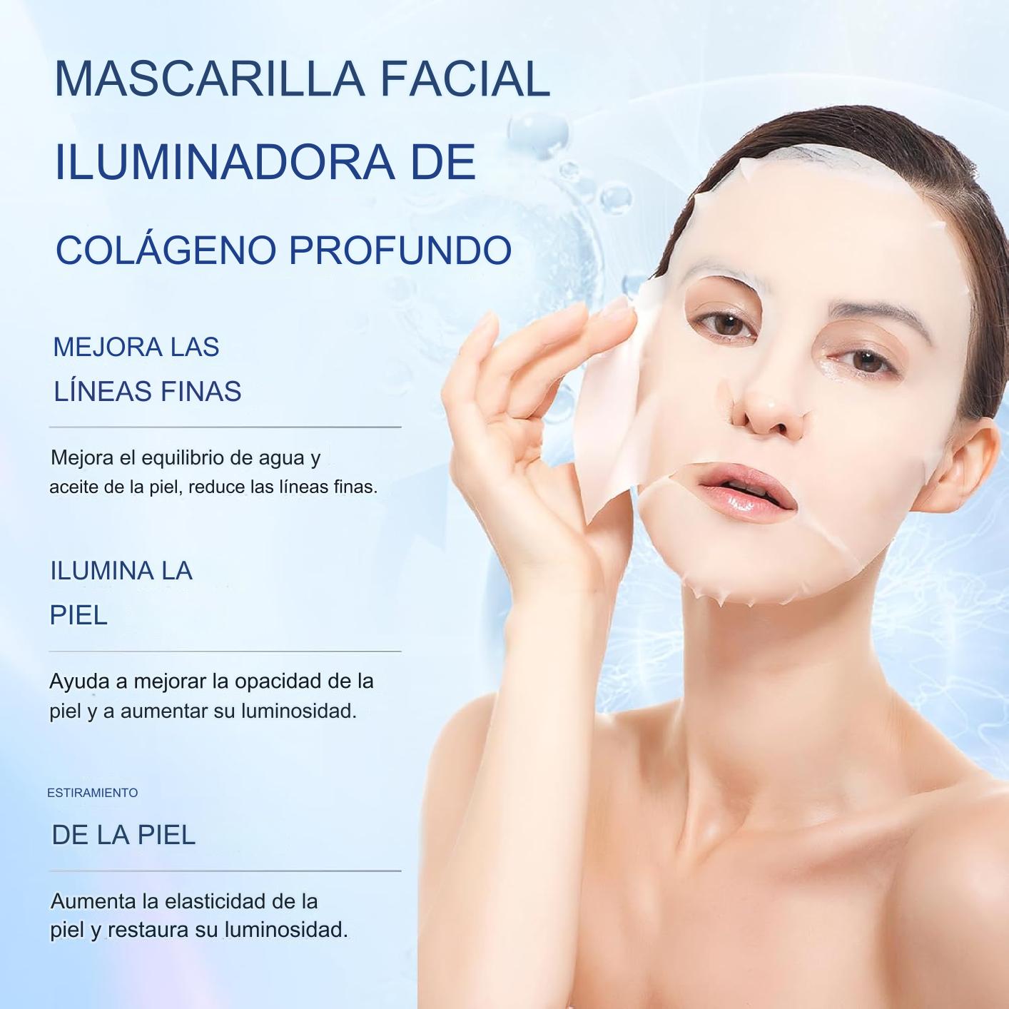 x4 Máscara facial hidratante y reafirmante con colágeno, ácido hialurónico y péptidos; mejora la hidratación y elasticidad de la piel.