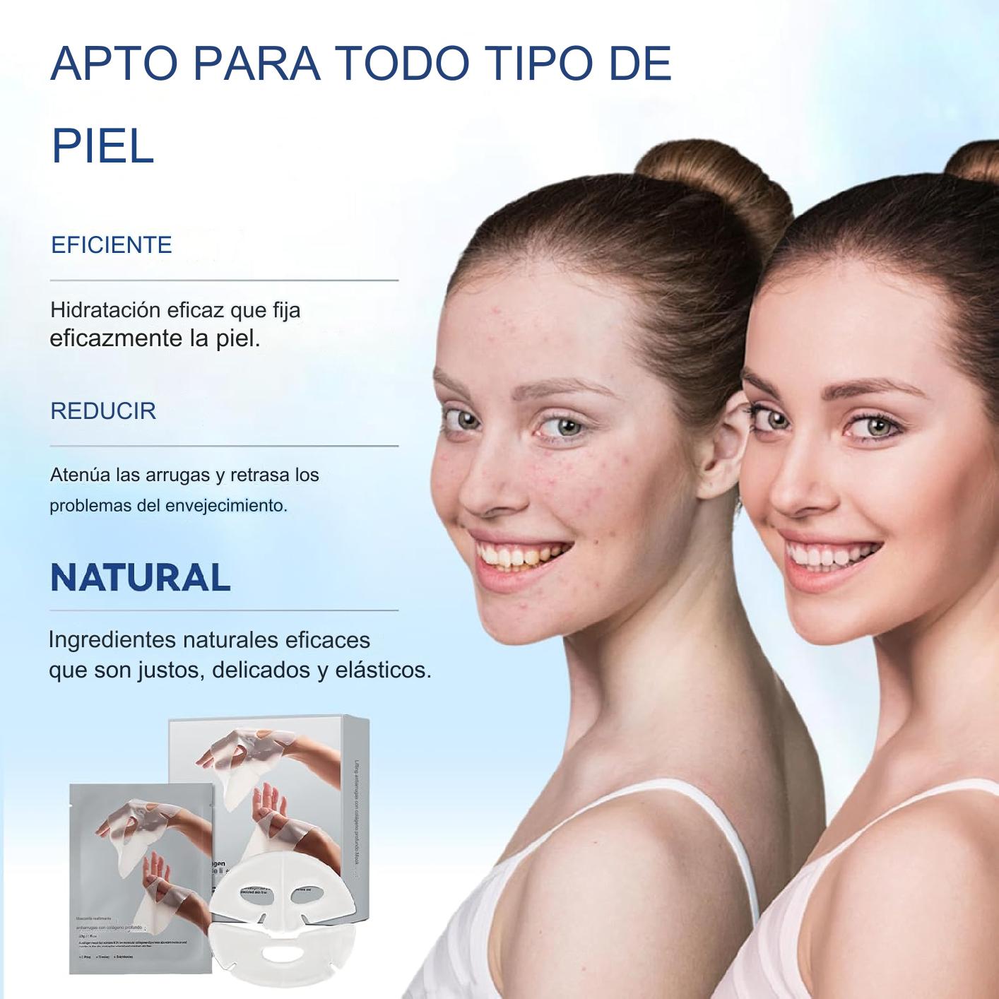 x4 Máscara facial hidratante y reafirmante con colágeno, ácido hialurónico y péptidos; mejora la hidratación y elasticidad de la piel.