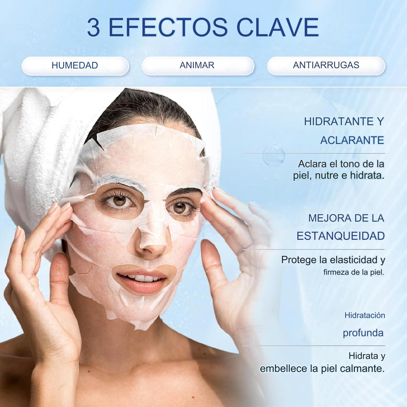 x4 Máscara facial hidratante y reafirmante con colágeno, ácido hialurónico y péptidos; mejora la hidratación y elasticidad de la piel.