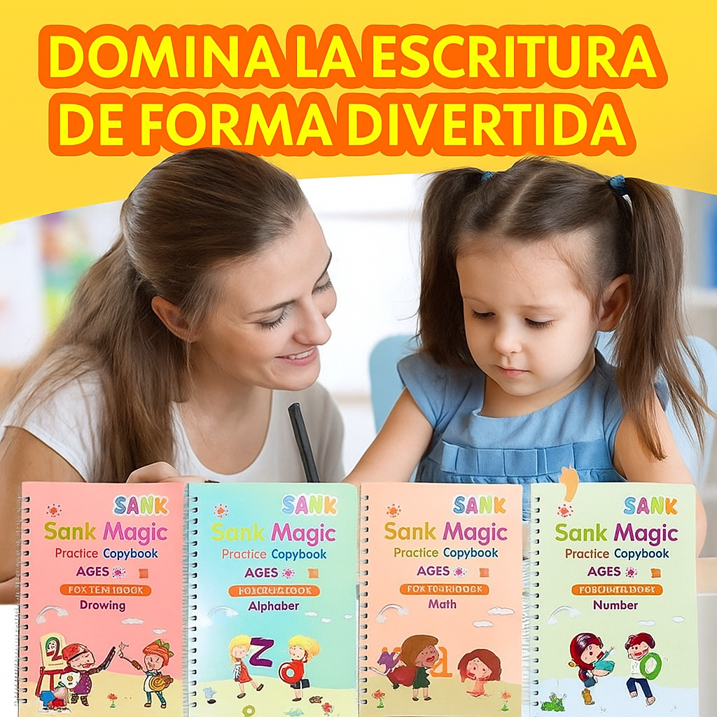Super Combo de 4 Libros de Caligrafía Reutilizables + Tinta Mágica