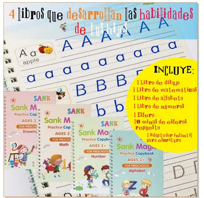 Super Combo de 4 Libros de Caligrafía Reutilizables + Tinta Mágica