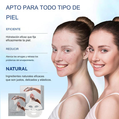 x4 Máscara facial hidratante y reafirmante con colágeno, ácido hialurónico y péptidos; mejora la hidratación y elasticidad de la piel.