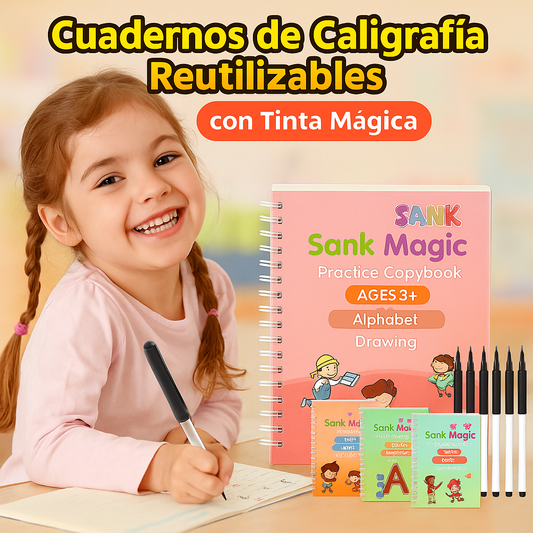Super Combo de 4 Libros de Caligrafía Reutilizables + Tinta Mágica
